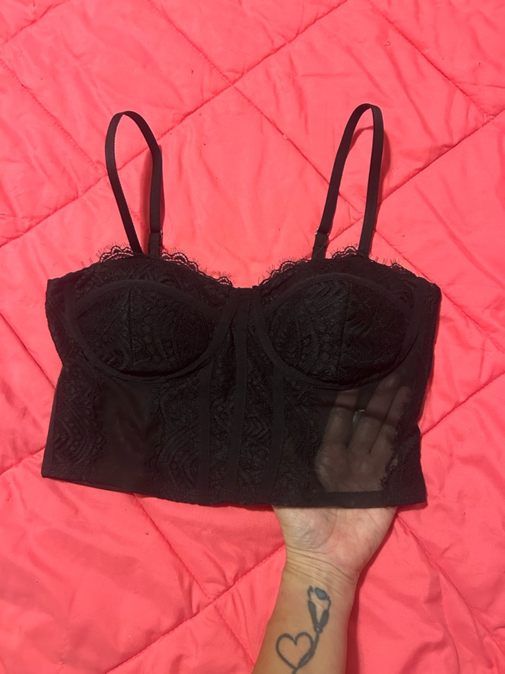 Black Lace Longline Bandeau Bralette with Adjustable Straps